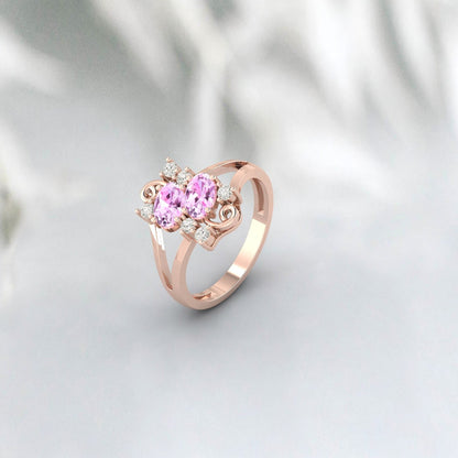 Art Deco Engagement Rose Gold Pink Sapphire Oval Cut Promise Ring