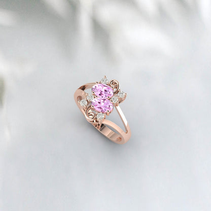 Art Deco Engagement Rose Gold Pink Sapphire Oval Cut Promise Ring