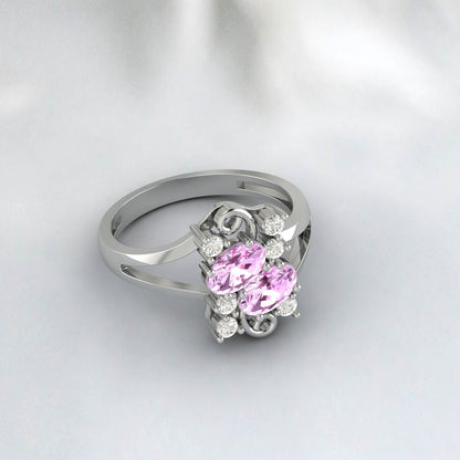 Bague de promesse Art Déco Fiançailles Or Rose Saphir Rose Coupe Ovale