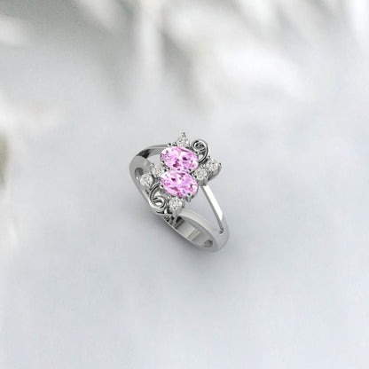 Bague de promesse Art Déco Fiançailles Or Rose Saphir Rose Coupe Ovale