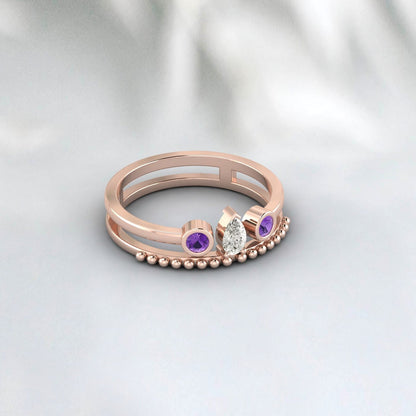 Pear Diamond And Amethyst Bridal Engagement Set Wedding Ring