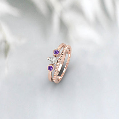 Pear Diamond And Amethyst Bridal Engagement Set Wedding Ring