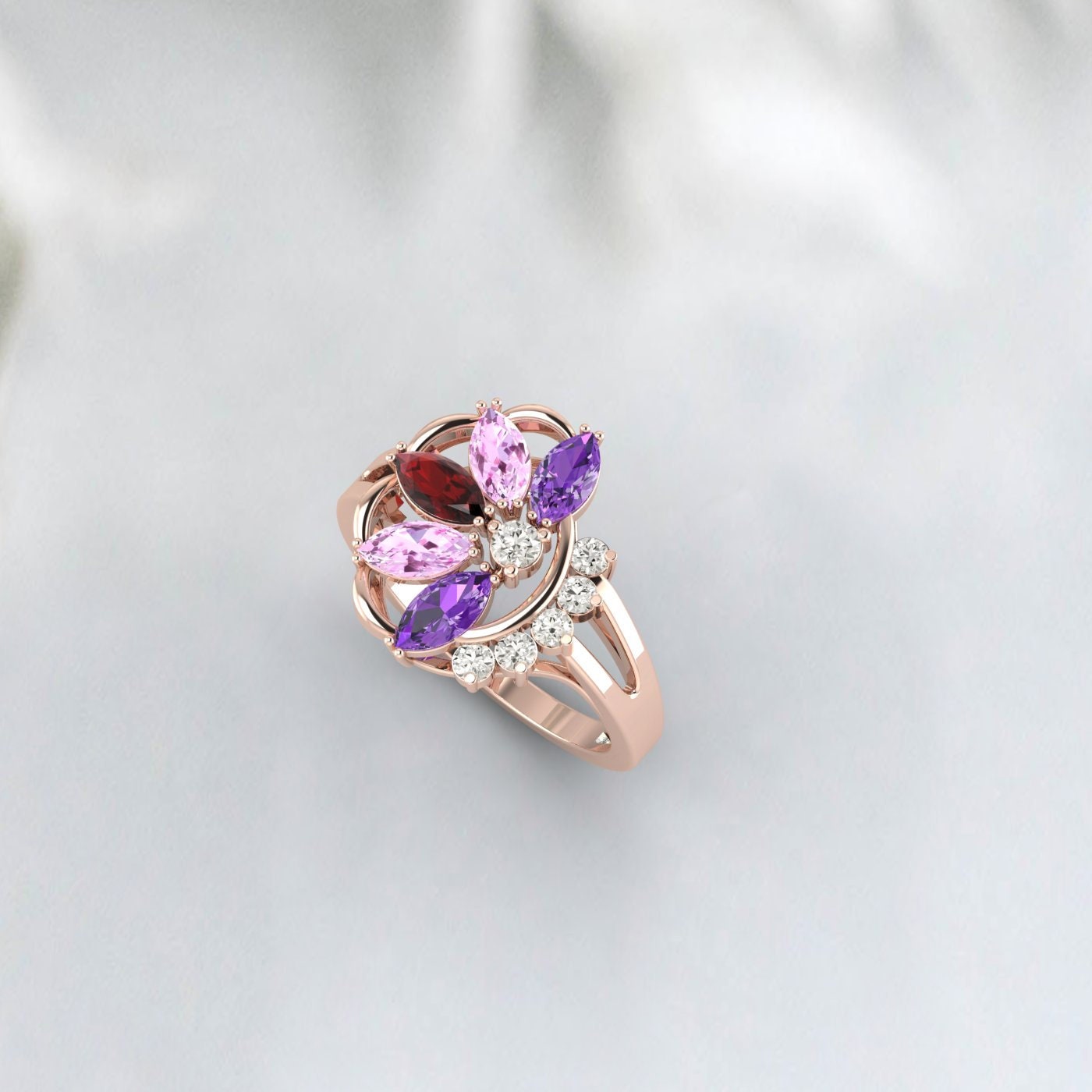 Grenat multi-pierres précieuses taille marquise, améthyste, bague de mariée saphir rose