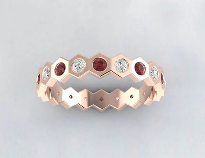 Red Garnet Hexagon Eternity Band, Daimond Wedding Band, January Birthstone Ring, Matching Band, Red stone, Unique Anniversay Gift