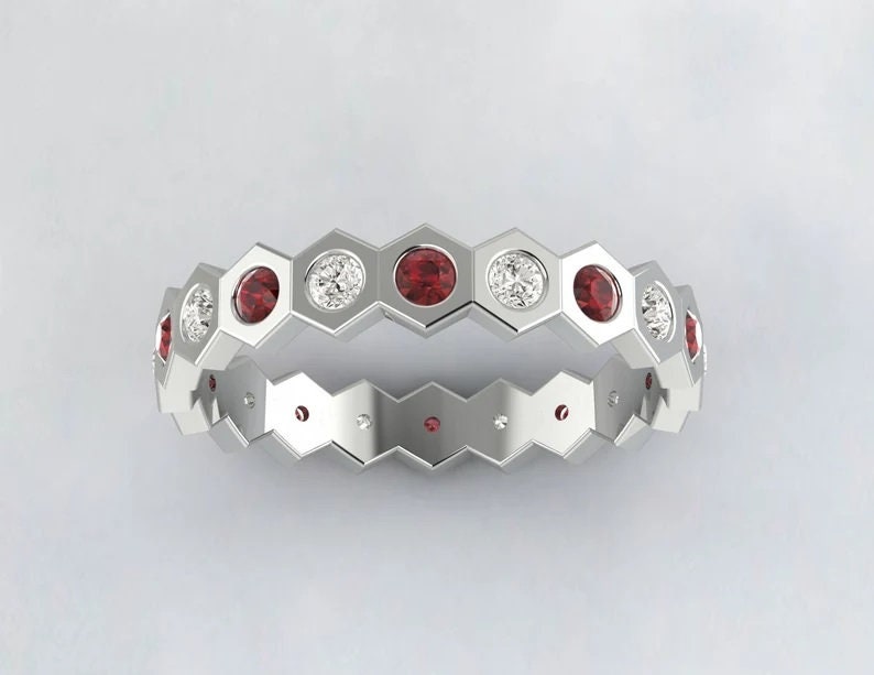 Red Garnet Hexagon Eternity Band, Daimond Wedding Band, January Birthstone Ring, Matching Band, Red stone, Unique Anniversay Gift