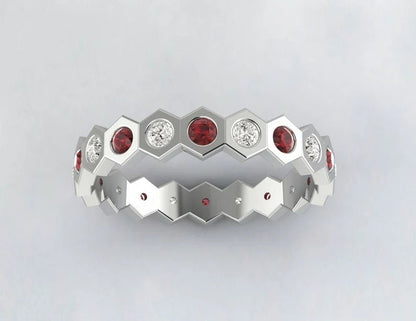 Red Garnet Hexagon Eternity Band, Daimond Wedding Band, Bague de pierre de naissance de janvier, Bande assortie, Pierre rouge, Cadeau d’anniversaire unique