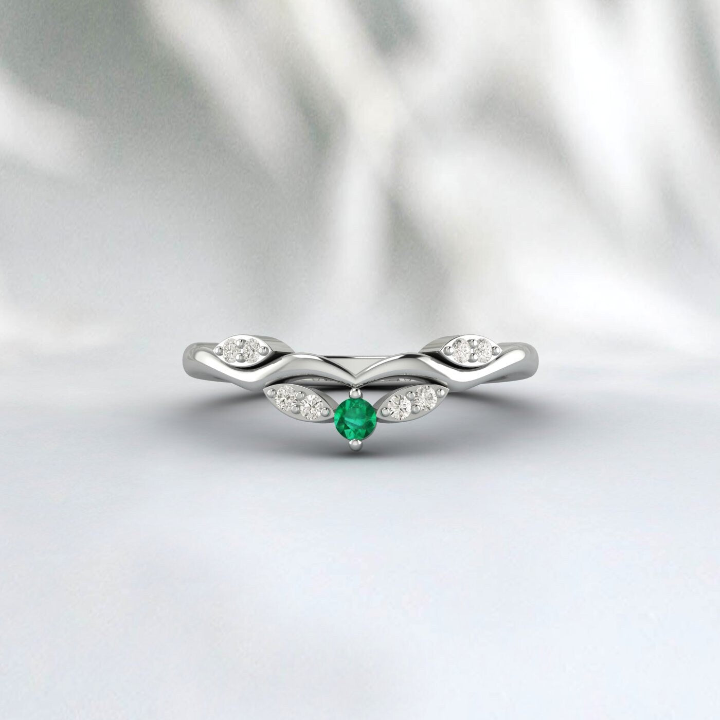 Emerald Curved Wedding Ring Engagement Ring Bridal Ring Gift For Her