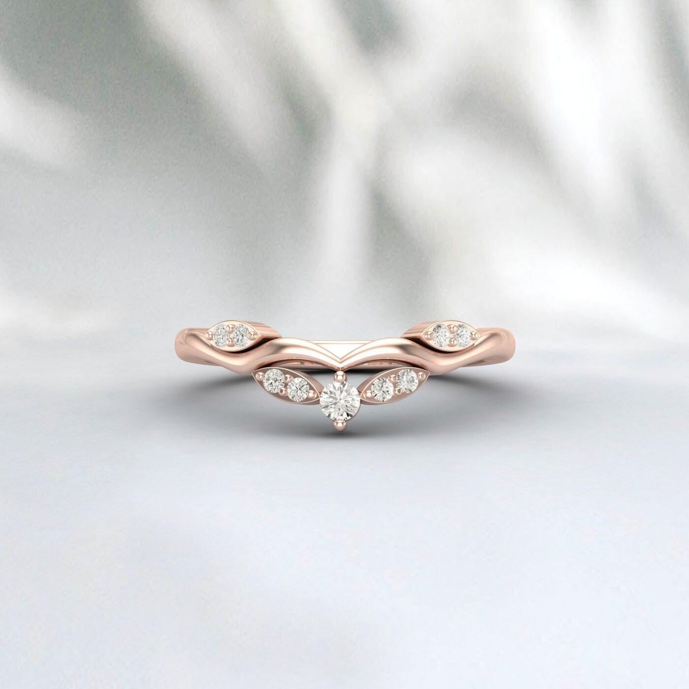 Delicate Diamond Wedding Ring Rose Gold Round Moissanite Curved Matching Ring Antique Stacking Band Engagement Ring Bridal Ring Gift For Her