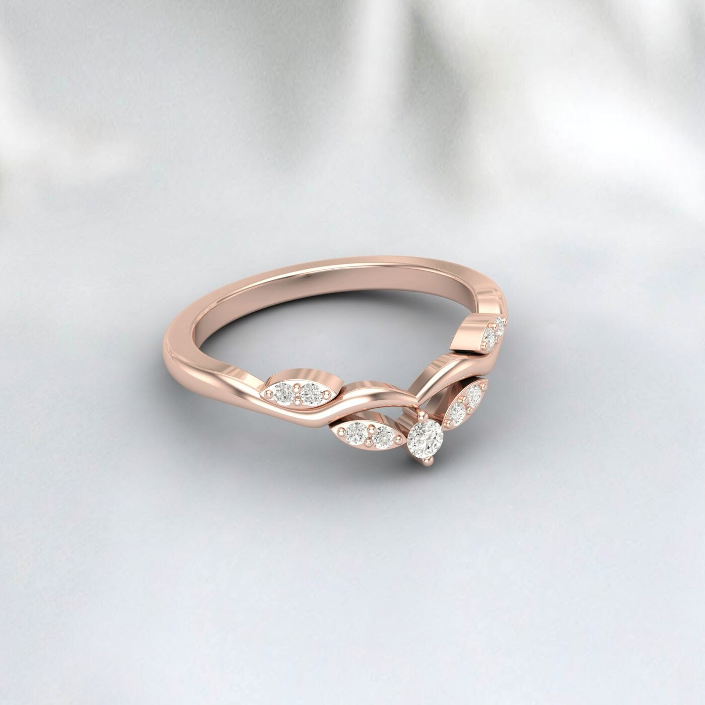 Delicate Diamond Wedding Ring Rose Gold Round Moissanite Curved Matching Ring Antique Stacking Band Engagement Ring Bridal Ring Gift For Her