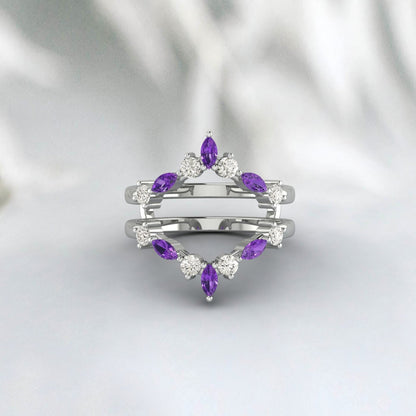 Double Curved Marquise Moissanite And Amethyst Enhancer Wedding Ring