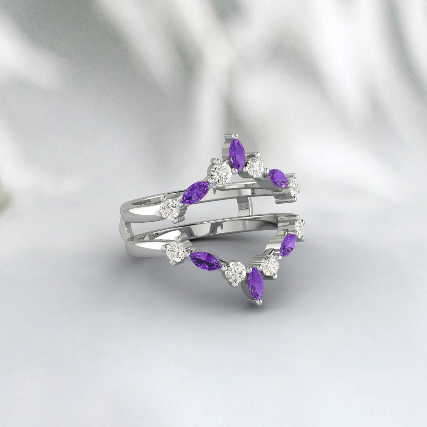 Double Curved Marquise Moissanite And Amethyst Enhancer Wedding Ring