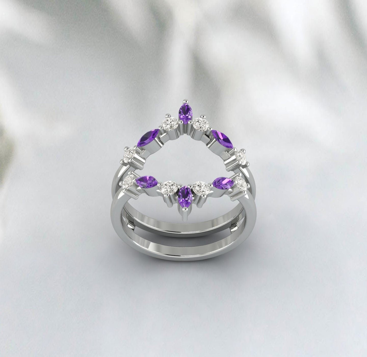 Double Curved Marquise Moissanite And Amethyst Enhancer Wedding Ring