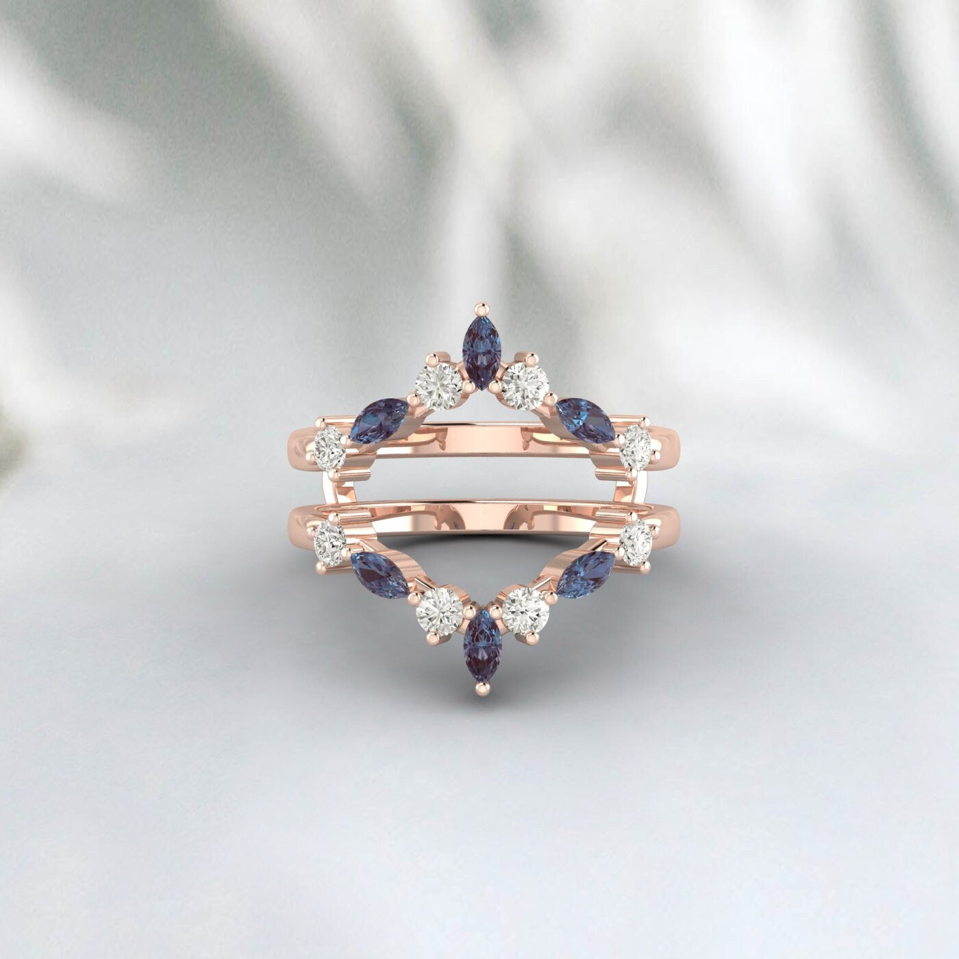 Marquise Cut Alexandrite Cluster Double Curved Wedding Band Set Rose Gold Rings