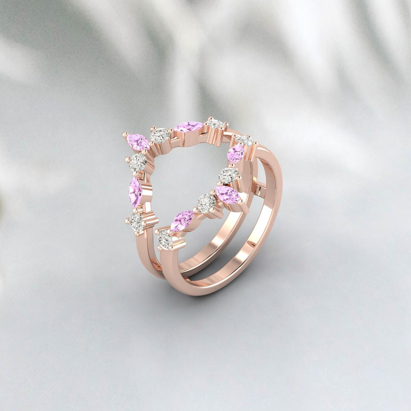 Bague incurvée empilable en saphir rose taille marquise, alliance unique