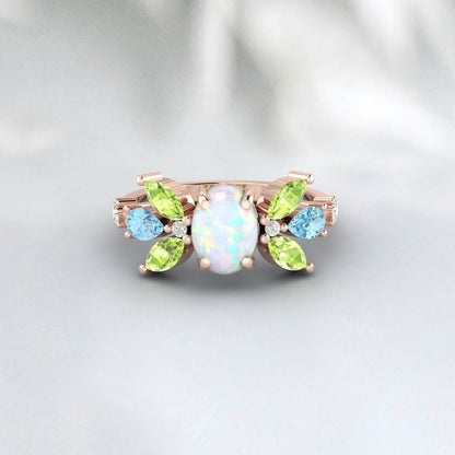 Antique Opal Multi Gemstone Peridot Diamond Aquamarine Engagement Ring