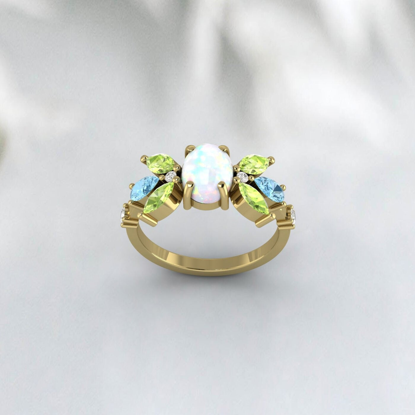 Antique Opal Multi Gemstone Peridot Diamond Aquamarine Engagement Ring