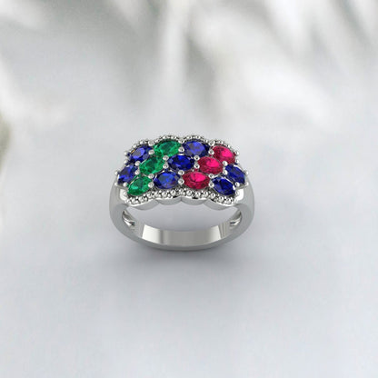 Bague saphir bleu taille ovale chevalière rubis et émeraude bague antique