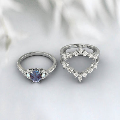 Oval Alexandrite Engagement Ring Set Vintage Unique Double Curved Wedding Band White Gold Ring June Birthstone Ring Bridal Promise Ring