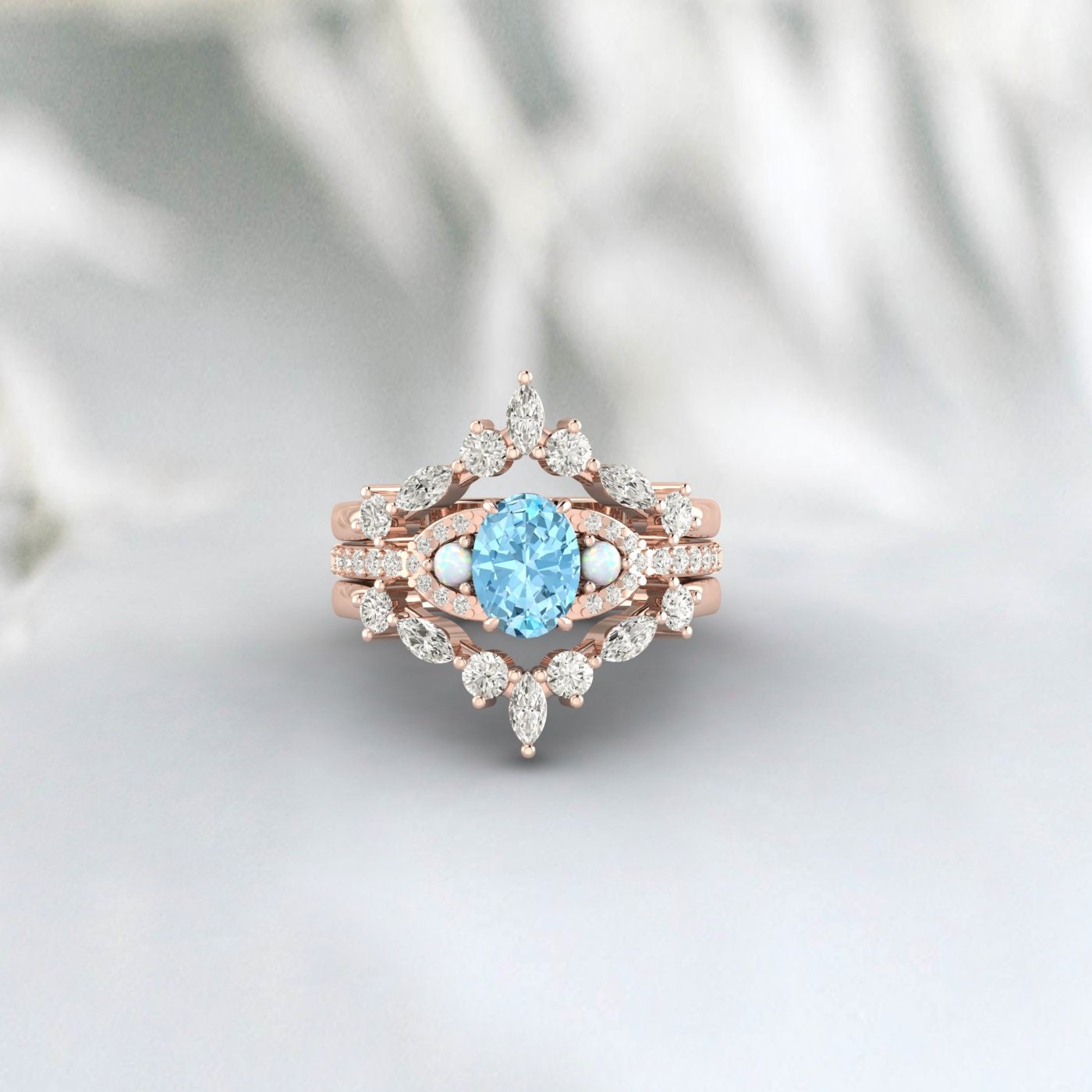 Ensemble de bagues de fiançailles aigue-marine, bague Double incurvée Marquise Moissanite