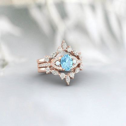 Ensemble de bagues de fiançailles aigue-marine, bague Double incurvée Marquise Moissanite