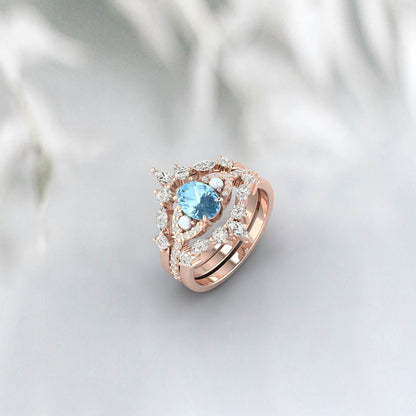 Ensemble de bagues de fiançailles aigue-marine, bague Double incurvée Marquise Moissanite