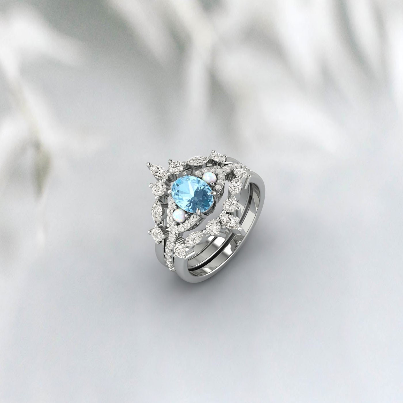 Aquamarine Engagement Ring Set Marquise Moissanite Double Curved Ring