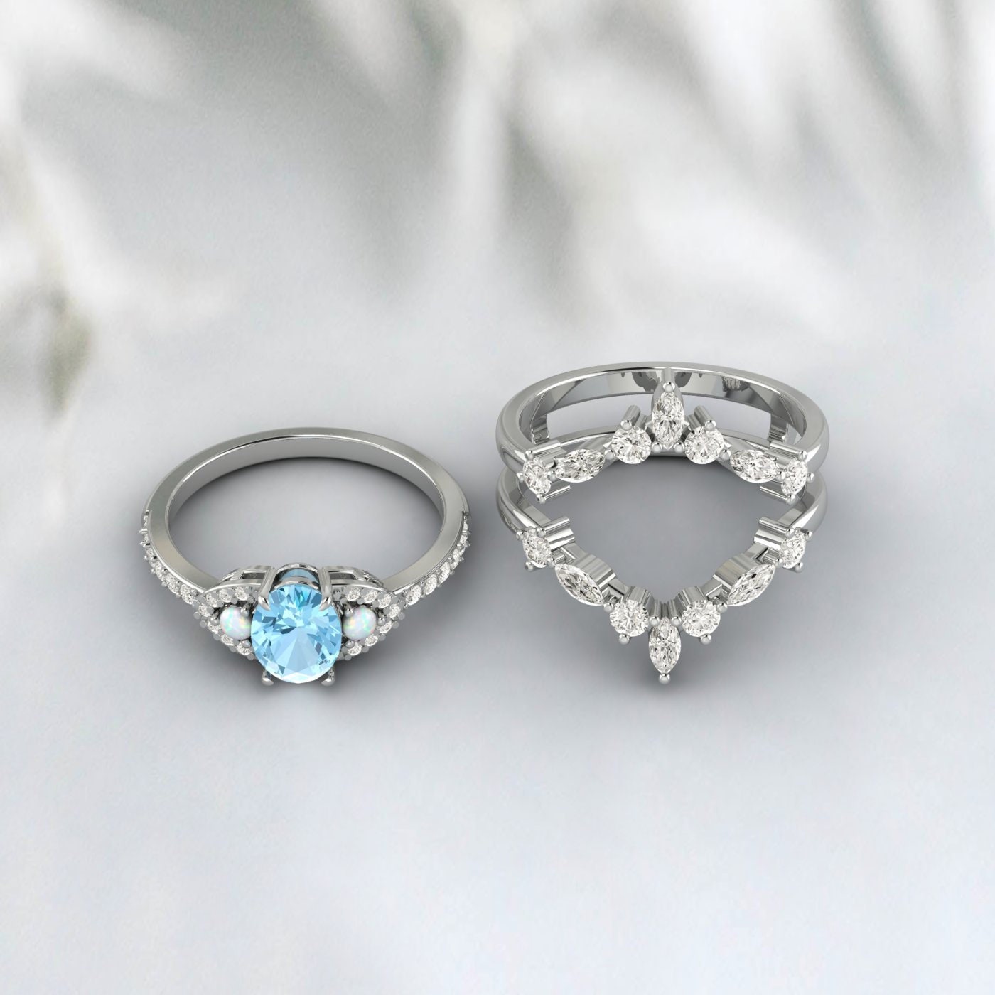 Aquamarine Engagement Ring Set Marquise Moissanite Double Curved Ring