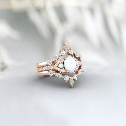 White Opal Engagement Ring Set For Women Double Curved Stacking Band