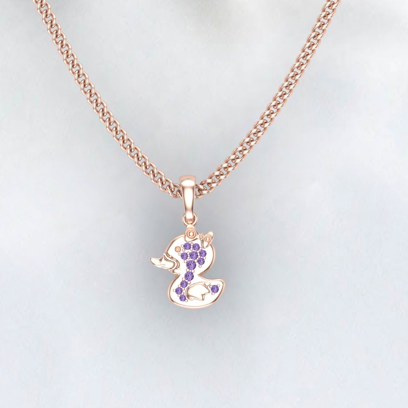 Mother of Pearl Duck Pendant Necklace With Amethyst, Sea life, Rose gold plated sterling silver jewelry, Gift for Her, Rubber Duck, Jewelry