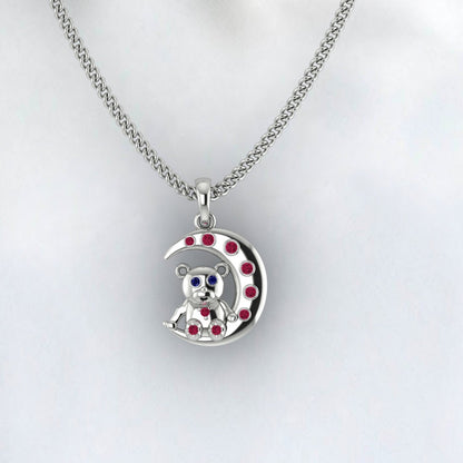 Crescent Moon Ruby Necklace full 925 Sterling Silver Two Pendant One Necklace July Birthstone Teddy Bear Pendant With Blue Sapphire