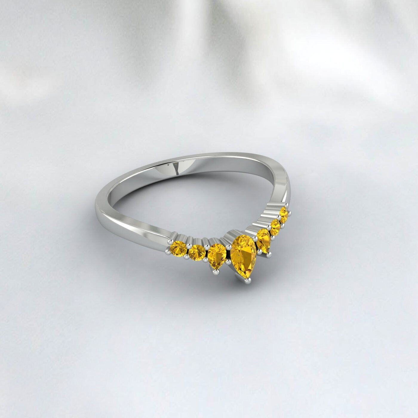 Crown Citrine Wedding Ring Pear Cut Citrine Chevron Annniversary Ring