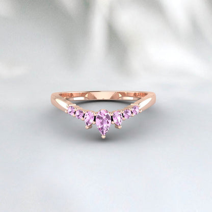 Real Pink Sapphire Wedding Band 14k Yellow Gold Stackable Silver Ring