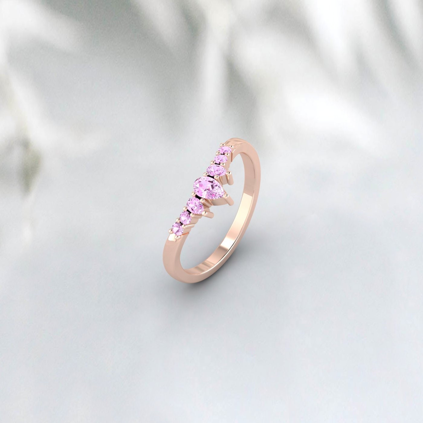 Real Pink Sapphire Wedding Band 14k Yellow Gold Stackable Silver Ring