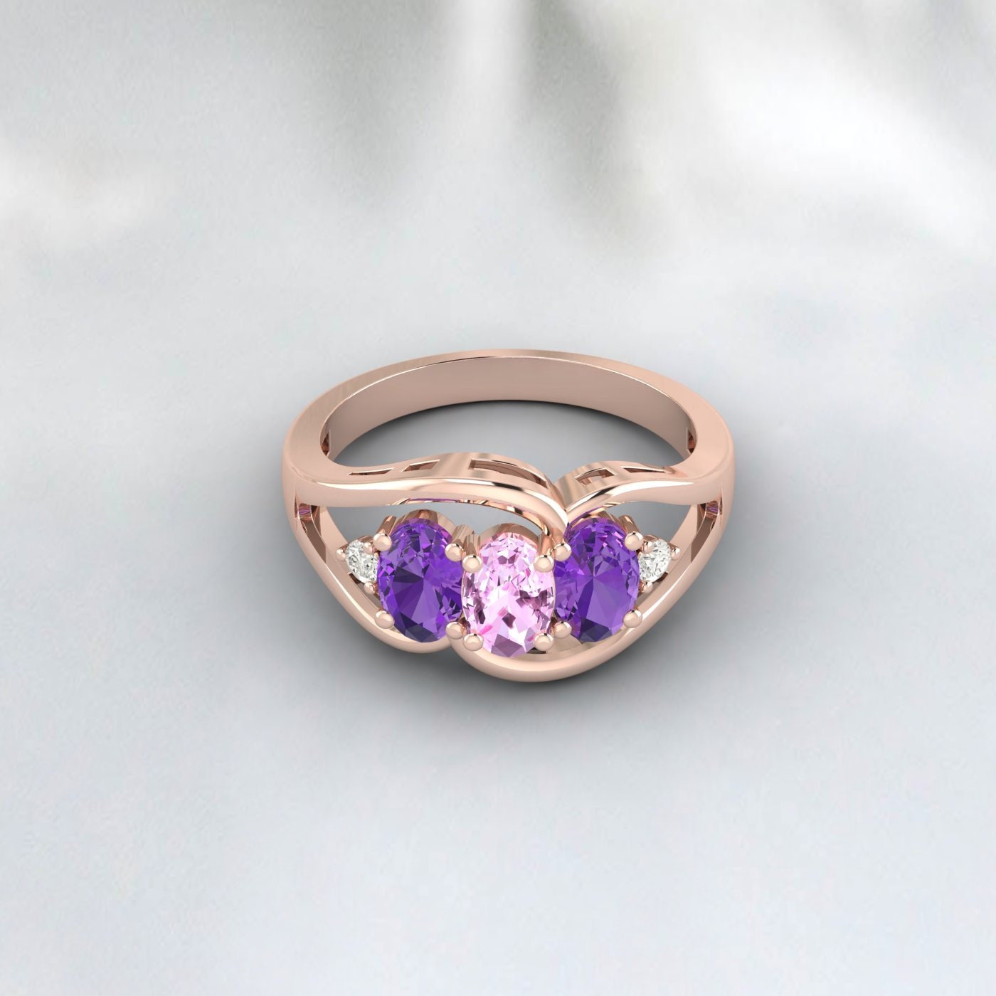 Bague de fiançailles ovale avec saphir rose et améthyste multi-pierres précieuses