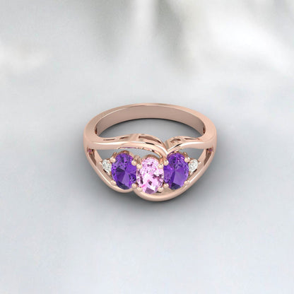 Bague de fiançailles ovale avec saphir rose et améthyste multi-pierres précieuses