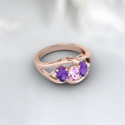 Bague de fiançailles ovale avec saphir rose et améthyste multi-pierres précieuses