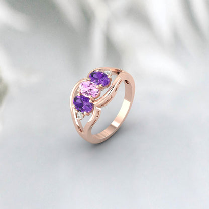 Bague de fiançailles ovale avec saphir rose et améthyste multi-pierres précieuses