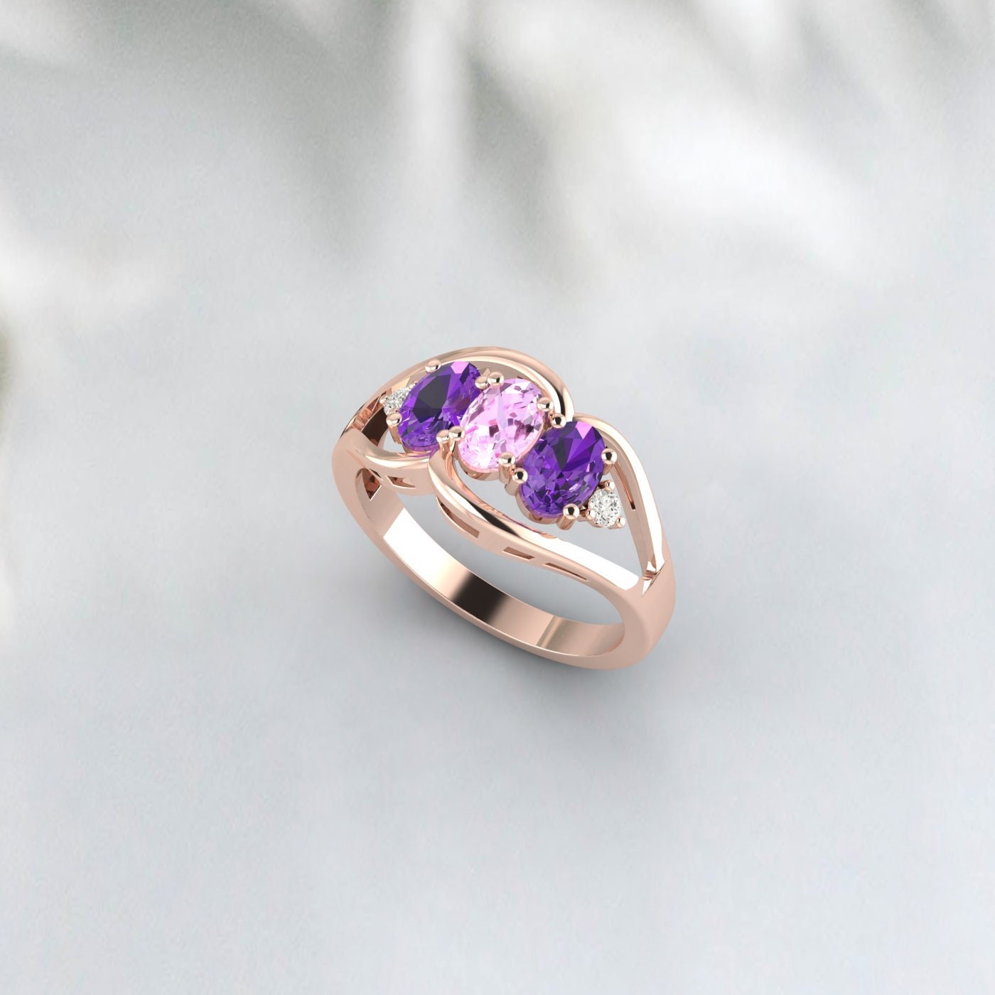 Oval Cut Multi Gemstone Pink Sapphire & Amethyst Engagement Ring