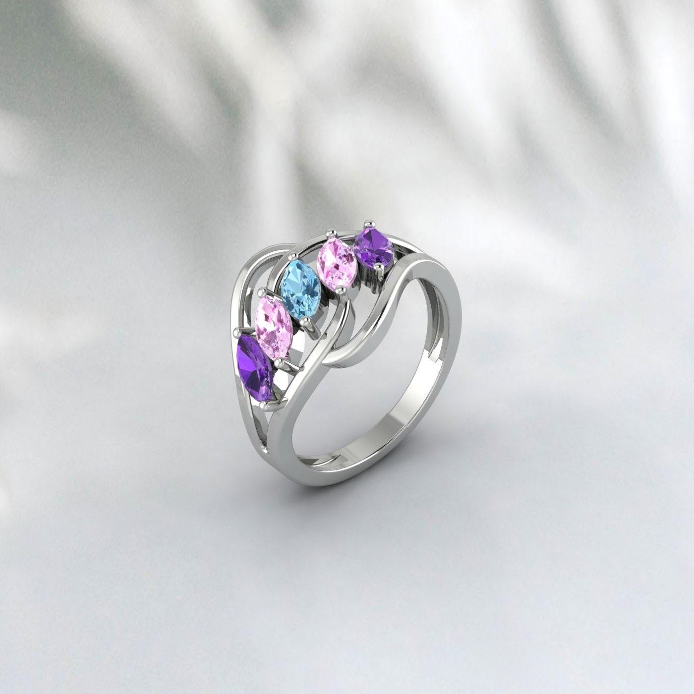 Multi Gemstone Ring Amethyst,Aquamarine,Pink Sapphire Wedding Ring