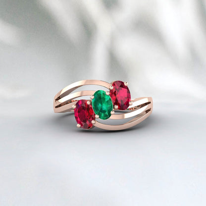 Oval Cut Red Ruby And Emerald Ring July Birthstone Wedding Ring