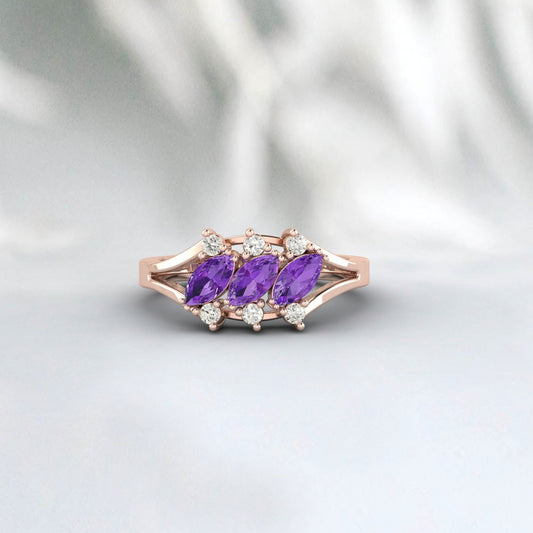 Marquise Amethyst Silver Ring February Birthstone wedding Band