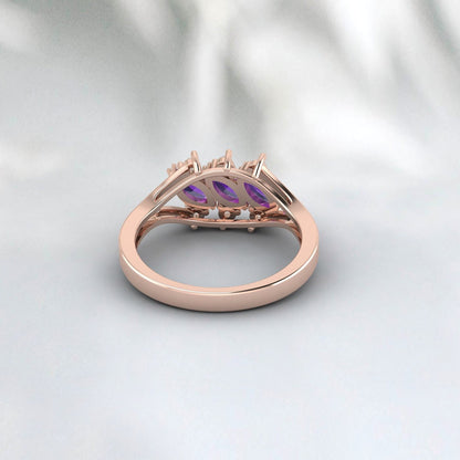 Marquise Amethyst Silver Ring February Birthstone wedding Band