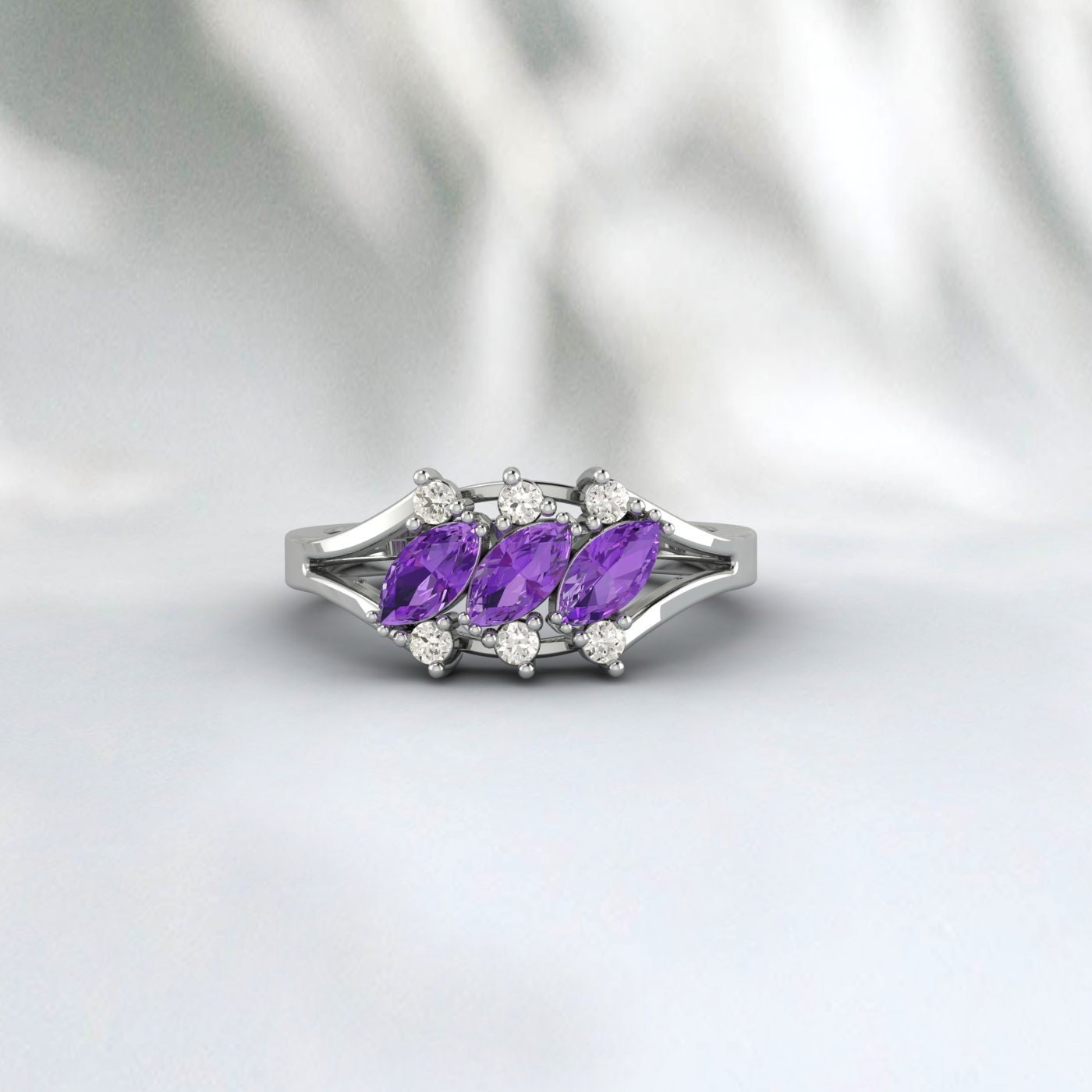 Marquise Amethyst Silver Ring February Birthstone wedding Band