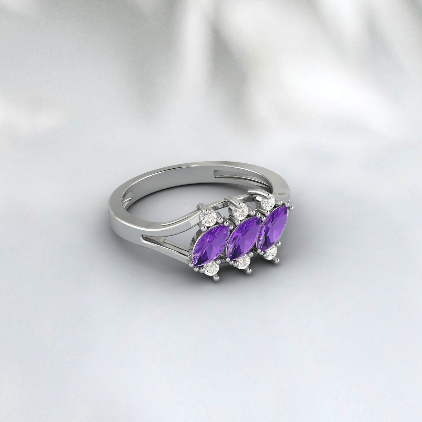 Marquise Amethyst Silver Ring February Birthstone wedding Band