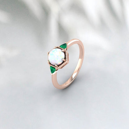 Fire Opal Ring, Emerald Ring, 925 Silver Sterling, October Birthstone ring, Engagement Ring, Unique Jewelry Design For Wedding Wear For Her