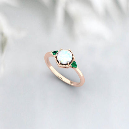 Fire Opal Ring, Emerald Ring, 925 Silver Sterling, October Birthstone ring, Engagement Ring, Unique Jewelry Design For Wedding Wear For Her