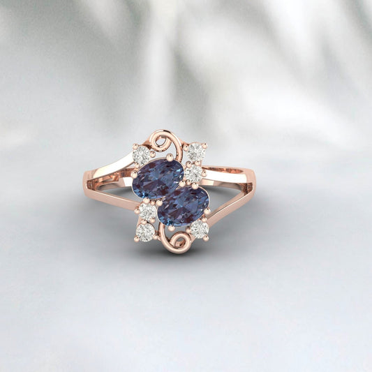 Oval Cut Alexandrite Vintage Wedding Ring Unique Diamond Bridal Ring