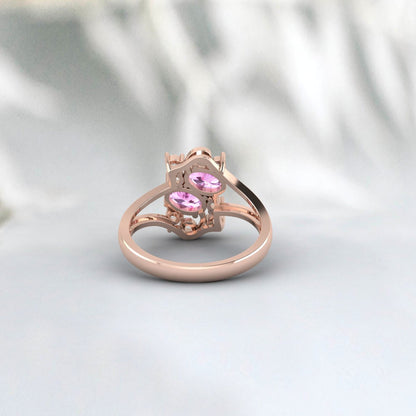 Bague de promesse Art Déco Fiançailles Or Rose Saphir Rose Coupe Ovale