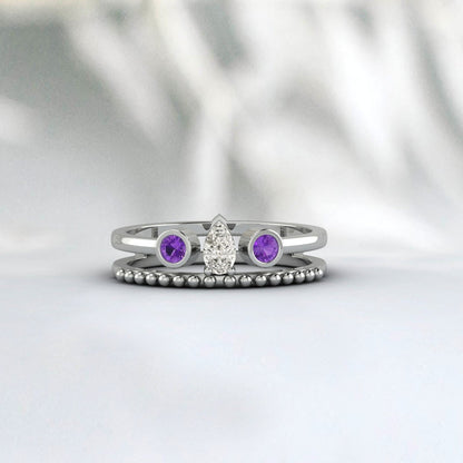 Pear Diamond And Amethyst Bridal Engagement Set Wedding Ring