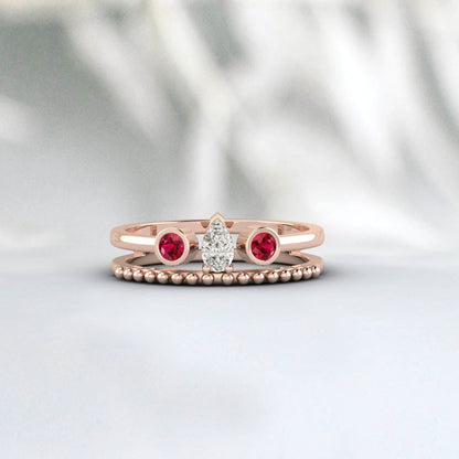 Ruby Engagement Ring Rose Gold Ruby Ring Antique Diamond Wedding Band